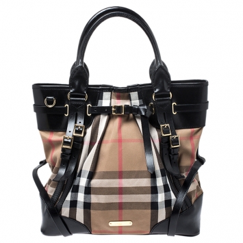 Pre Owned Burberry Black House Check Fabric Bridle Whipstitch Tote