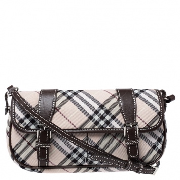 Pre Owned Burberry Blue Label Brown Nova Check PVC and Leather Double Buckle Flap Shoulder Bag