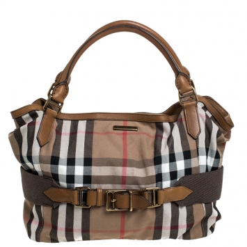 Pre Owned Burberry Beige House Check Canvas and Leather Large Parsons Hobo
