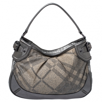 Pre Owned Burberry Grey Shimmer Check Canvas Medium Fairby Hobo Bag