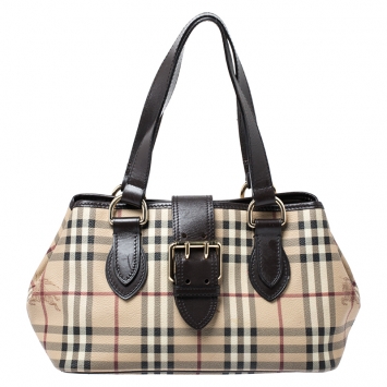 Pre Owned Burberry Beige/Dark Brown Haymarket Check Coated Canvas Shoulder Bag