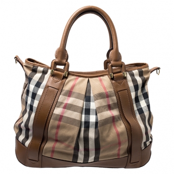 Pre Owned Burberry Brown/Beige House Check Canvas and Leather Tote
