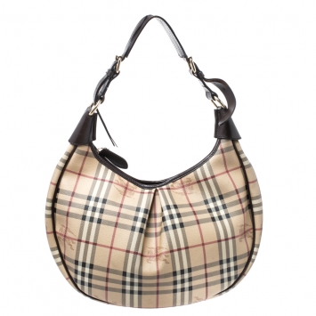 Pre Owned Burberry Beige/Dark Brown Haymarket Check PVC and Leather Pleated Hobo