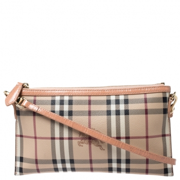 Pre Owned Burberry Beige/Peach Haymarket Check PVC and Leather Crossbody Bag