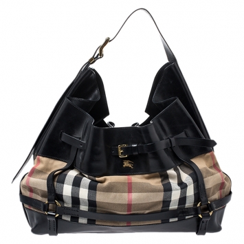 Pre Owned Burberry Black/Beige House Check Canvas and Leather Bridle Hobo
