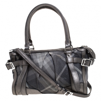Pre Owned Burberry Pilgrim Grey Shimmer Check Canvas and Leather Pilgrim Tote