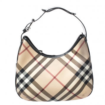 Pre Owned Burberry Beige/Black Nova Check Coated Canvas and Patent Leather Barton Hobo 