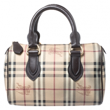 Pre Owned Burberry Brown Haymarket Check Coated Canvas Chester Bowler Bag