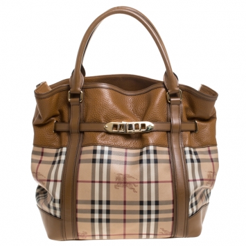 Pre Owned Burberry Beige/Tan Haymarket Check Canvas and Leather Medium Golderton Tote