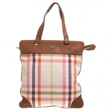 Pre Owned Burberry Multicolor House Check Canvas and Leather Tote