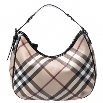 Pre Owned Burberry Beige/Black Nova Check Coated Canvas and Patent Leather Barton Hobo 