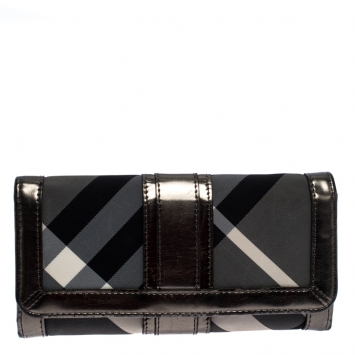 Pre Owned Burberry Metallic Grey Beat Check Nylon and Patent Leather Penrose Continental Wallet