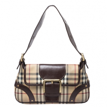 Pre Owned Burberry Brown/Beige Haymarket Check PVC and Leather Buckle Flap Shoulder Bag