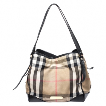 Pre Owned Burberry Black/Beige House Check Canvas and Leather Bridle Tote