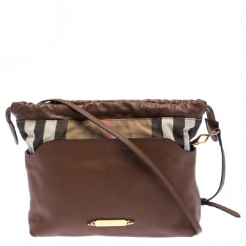Pre Owned Burberry Camel House Check Canvas and Leather Little Crush Crossbody Bag