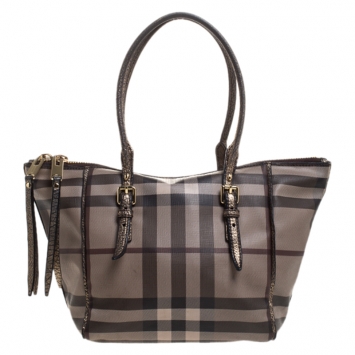 Pre Owned Burberry Brown/Grey Smoke House Check Coated Canvas and Leather Tote
