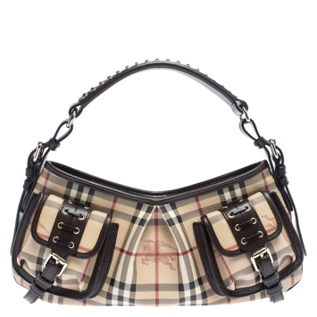Pre Owned Burberry Beige/Brown Haymarket Check PVC and Leather Front Pocket Bag