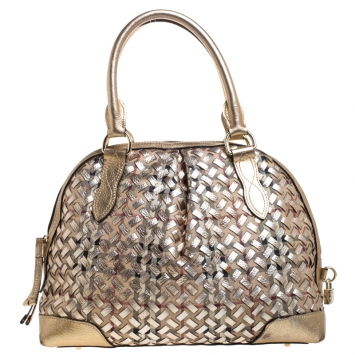 Pre Owned Burberry Gold/Beige Haymarket Check PVC and Leather Thornley Satchel
