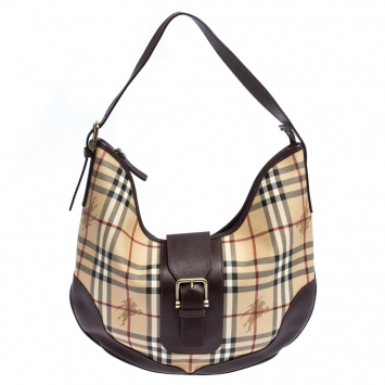 Pre Owned Burberry Beige/Brown Haymarket Check Coated Canvas and Leather Hobo