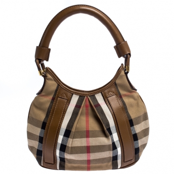 Pre Owned Burberry Beige/Camel House Check Canvas and Leather Phoebe Hobo