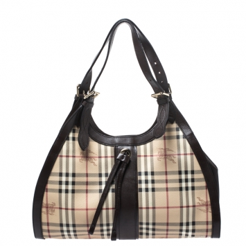 Pre Owned Burberry Brow/Beige Haymarket Check Coated Canvas and Leather Tote