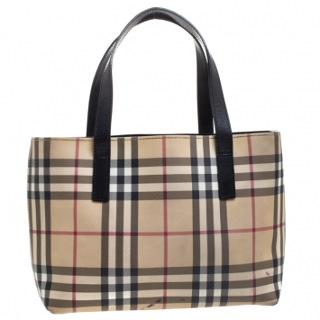 Pre Owned Burberry Beige/Black House Check Coated Canvas Tote