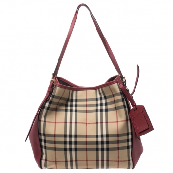 Pre Owned Burberry Beige/Red Haymarket Check Coated Canvas and Leather Small Limited Edition Canterbury Tote
