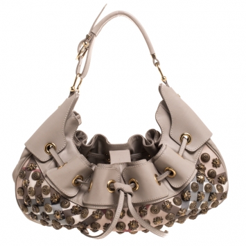 Pre Owned Burberry Prorsum Beige Leather and Canvas Studded Mason Warrior Hobo  