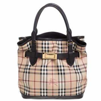 Pre Owned Burberry Beige/Brown Haymarket Check Canvas and Leather Medium Golderton Tote