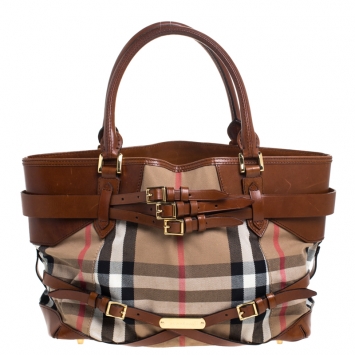 Pre Owned Burberry Brown House Check Canvas and Leather Medium Bridle Lynher Tote