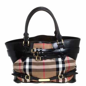 Pre Owned Burberry Black House Check Canvas and Leather Medium Bridle Lynher Tote