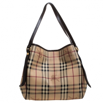 Pre Owned Burberry Beige Haymarket Check Coated Canvas and Leather Small Canterbury Tote