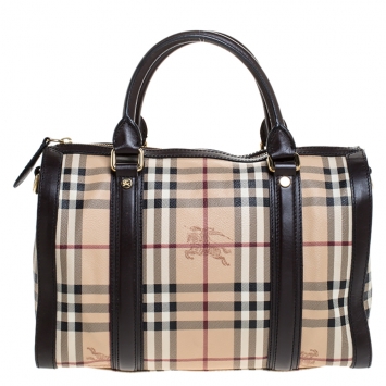 Pre Owned Burberry Brown/Beige Haymarket Check Coated Canvas Boston Bag