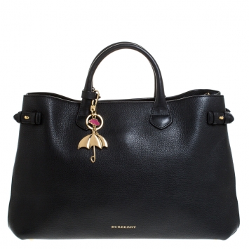 Pre Owned Burberry Black Leather and House Check Fabric Large Banner Tote w/ Charm 