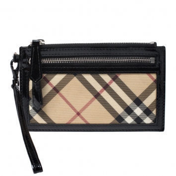Pre Owned Burberry Beige/Black Nova Check Coated Canvas and Patent Leather Studded Wallet