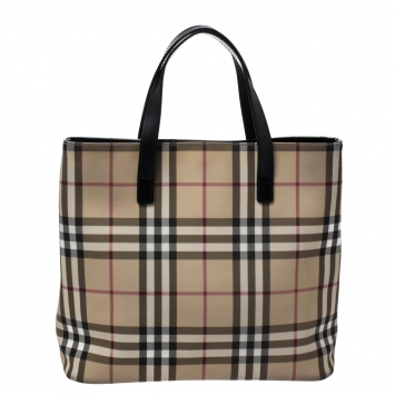 Pre Owned Burberry Beige/Black House Check PVC and Leather Tote