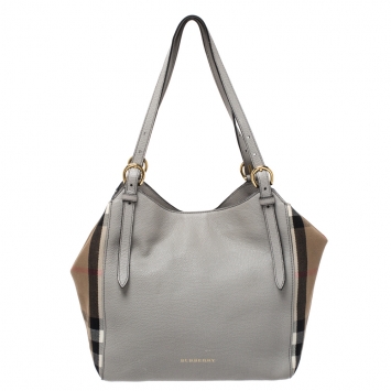 Pre Owned Burberry Grey House Check Canvas and Leather Small Canterbury Tote