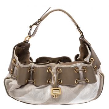 Pre Owned Burberry Beige Leather and Canvas Prorsum Mason Warrior Hobo