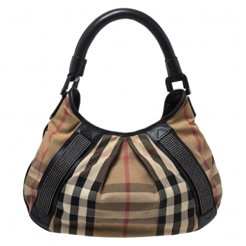 Pre Owned Burberry Beige/Black Nova Check Canvas and Leather Studded Phoebe Hobo 