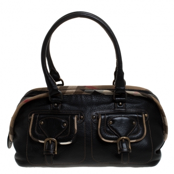 Pre Owned Burberry Black Leather with Nova Check Canvas Trim Front Pocket Satchel