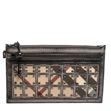 Pre Owned Burberry Metallic/Beige Nova Check PVC and Leather Warrior Pouch