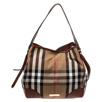 Pre Owned Burberry Brown House Check Canvas and Leather Bridle Tote