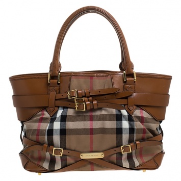 Pre Owned Burberry Brown House Check Canvas and Leather Medium Bridle Lynher Tote