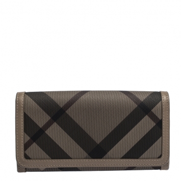 Pre Owned Burberry Grey Smoke Check PVC and Leather Flap Continental Wallet