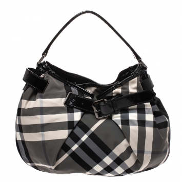 Pre Owned Burberry Grey/Black Smoked Check Nylon and Patent Leather Hobo