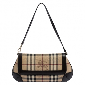Pre Owned Burberry Beige/Brown Haymarket Check Coated Canvas and Leather Flap Pochette Bag