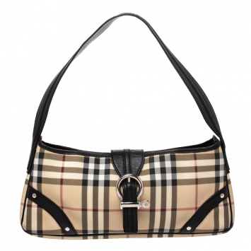 Pre Owned Burberry Beige/Black House Check PVC and Leather Baguette Bag