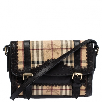 Pre Owned Burberry Beige/Brown Haymarket Check PVC and Leather Crossbody Bag