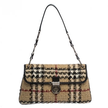 Pre Owned Burberry Beige House Check Tweed and Leather Flap Shoulder Bag