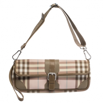 Pre Owned Burberry Pink/Beige House Check PVC and Leather Buckle Flap Shoulder Bag